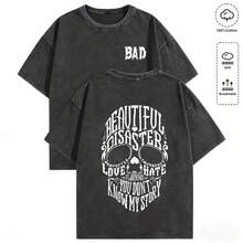 Retro Distressed Men's T-Shirt - "Beautiful Disaster" Skull & Text Graphic Print, Casual Daily Streetwear Top, Breathable Cotton Tee For Holiday Gifts 004-AB - màu đen - Xem 11