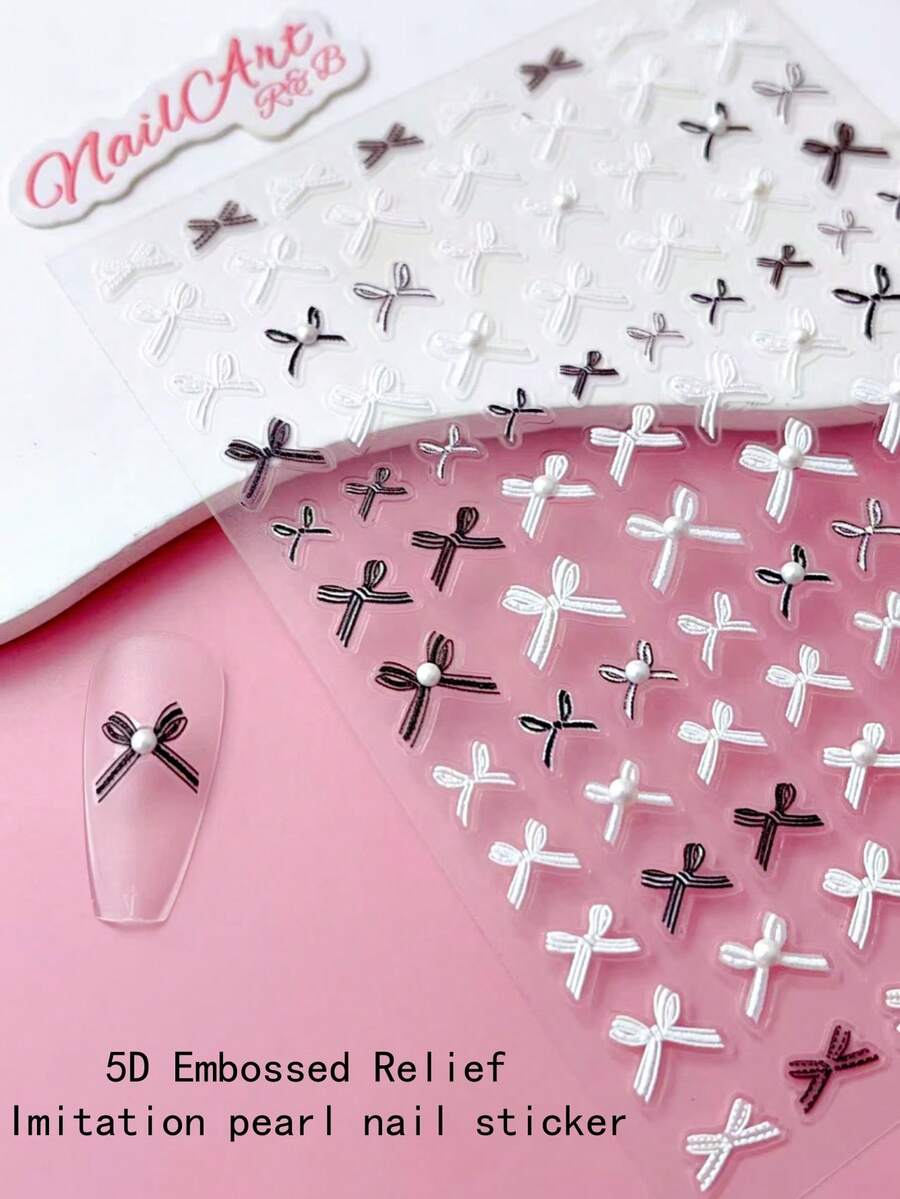 Adesivo de Unha com Relevo Embossed 5D Falso Pérola, Unha, Decoração de Unha DIY, Adesivos de Unha, com Padrões de Gravata Borboleta Branca e Preta, Perfeito para Meninas Criarem Arte de Unha. Muito Adequado para as Estações da Primavera, Verão, Outono, Inverno, Usando Estilo Francês Simples, Fofo, Requintado, Elegante, Estilo Punk DIY Decoração. Adequado para Unhas Mates, Brilhantes, Longas, Curtas, Bico de Pato, Pontudas, Remendos Franceses e Unhas Artificiais - Multicolorido - Visão 1