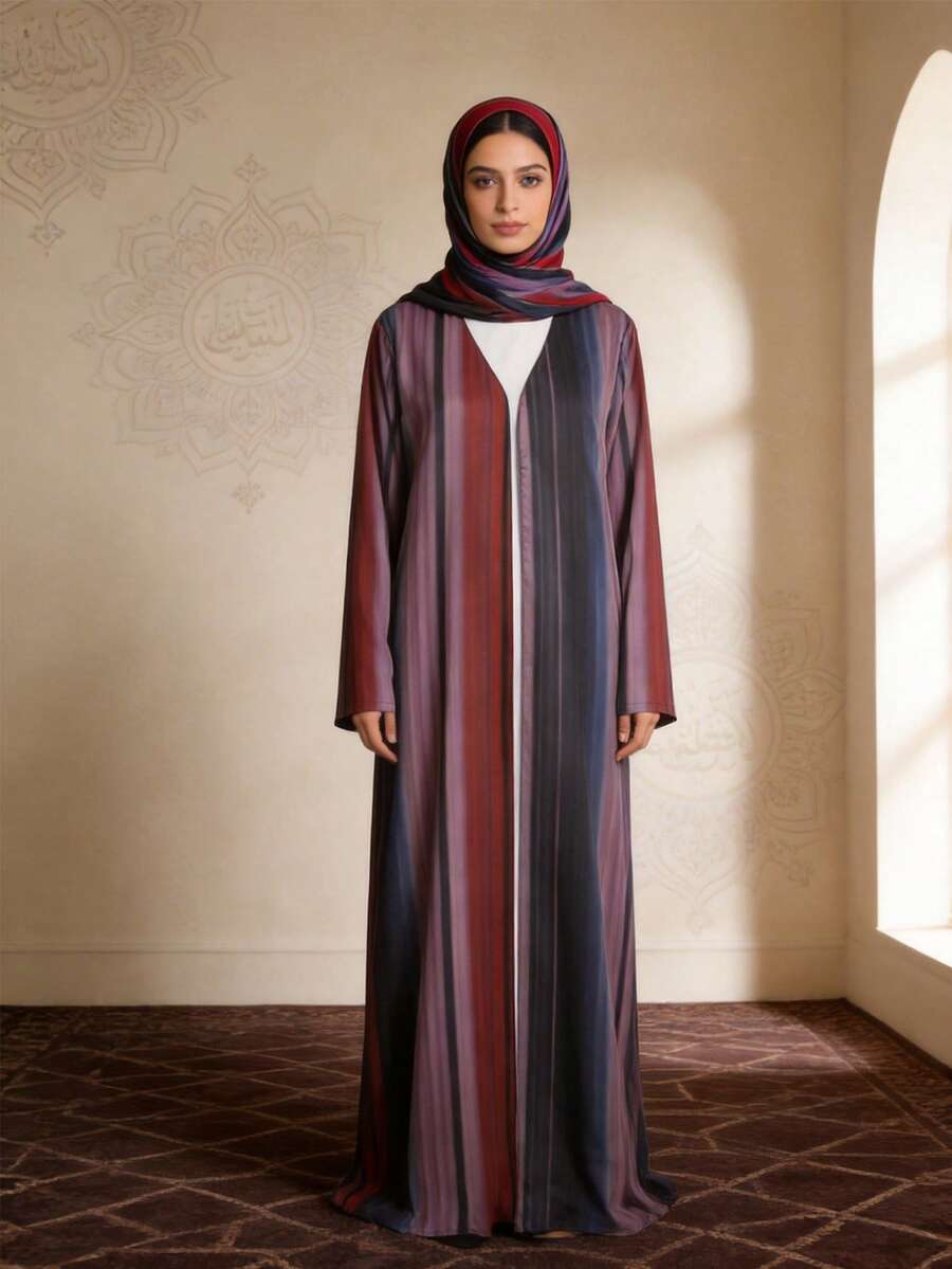 Elegant Loose Fit Long Sleeve Ombre Color Islamic Abaya Dress With Headscarf, Modest Fashion Spring