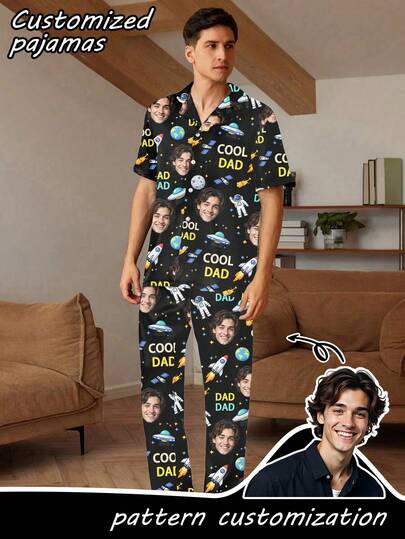 Personalized Men's Pajama Set, Customizable Short Sleeve T-Shirt And Long Pants Set With Funny Cosmic Pattern, Comfortable Casual Loungewear, Father's Day Gift