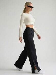 Black Soft High Waist Wide Leg Knit Pants - Black - View 5