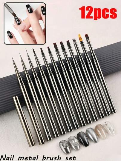12pcs Metal Nail Brush Set, Multi-Function Nail Pen, Easy To Use, UV Gel Nail Design Pen, Professional Nail Tools, Suitable For Novice Nail Salons, Home DIY, Suitable For Girls And Women (12/1pc)