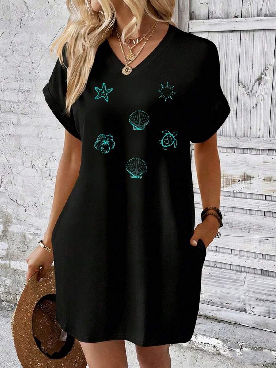 V Neck T Shirt Dress Black Sea Life Print Summer Beach Wear - 黑色 - 查看 1