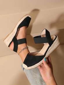 Woven Closed Toe, Velvet Single Elastic Band, Lightweight Hemp Rope Fashion Wedge Shoes For Women - Black - View 5