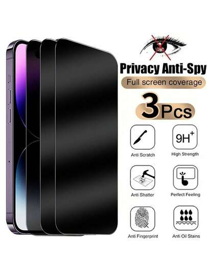 3PCS Anti Privacy Full Coverage Glare Scratch Resistant Tempered Glass Front Film Anti-Fingerprint Phone Screen Protectors Compatible With Phone 17 16 15 14 13 12 11 Pro Max XR X XS Max Plus Phone Protective Anti Spy Glass Compatible With Phone 17 Pro Max,Phone 16 Pro Max
