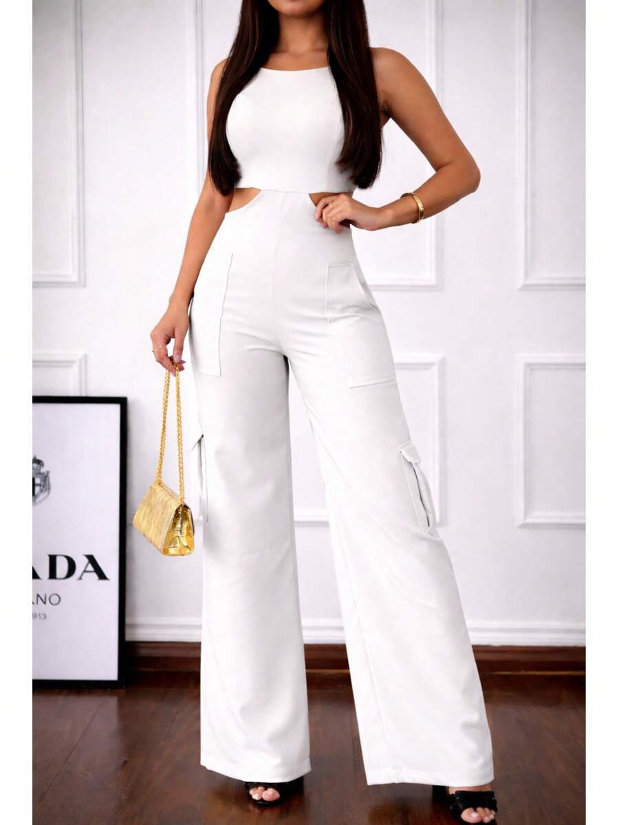 Premium Tailored Cargo Jumpsuit With Straps - trắng - Xem 1
