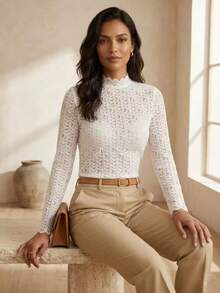 Women's Elegant Long-Sleeved Lace Blouse With High Neck – Sophisticated Casual Chic Style - BRANCO - 查看 6