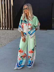 波西米亚风绿色碎花两件套女装，包括一件翻领衬衫和一条飘逸的阔腿裤，非常适合夏季休闲时尚活动，尽显优雅气质。 - 綠色 - 查看 2