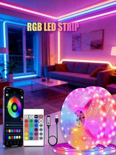 1 Set LED Light Strip, USB Powered, App Control, Dimmable, Multiple Modes, Self-Adhesive, Available In Various Sizes, Suitable,Smart RGB TV Light, Decorative LED Strip Light For Rooms, Controllable By App And Remote,And Color Changing; Suitable For Bedrooms, Living Rooms, Ceilings, Holiday Gifts, Christmas Parties, And Wedding Decorations,TV/Computer Backlighting, Holiday, Indoor Home Decor, Bedroom Ambiance