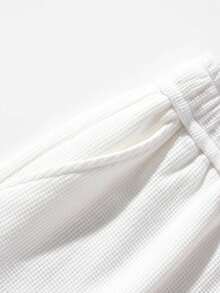 1pc Men's White Contrast Color Drawstring Waist Shorts, Waffle Texture, Breathable Knit Fabric, Comfortable Loose Casual Shorts, Suitable For Daily, Home, And Commute - White - View 9