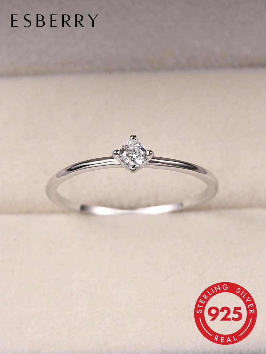 ESBERRY 1枚法式四爪简约戒指，女士珠宝，S925纯银镀铂金，精致珠宝，日常佩戴，礼品 - 銀色 - 查看 1
