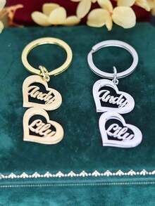Customized 1-4 Names Family Surname Plate Heart-Shaped Keychain, Fashionable Birthday Christmas Gift, Stainless Steel Engraved Name Plate Keychain, Personalized Couples Family Friends Keychain - Multicolor - View 5