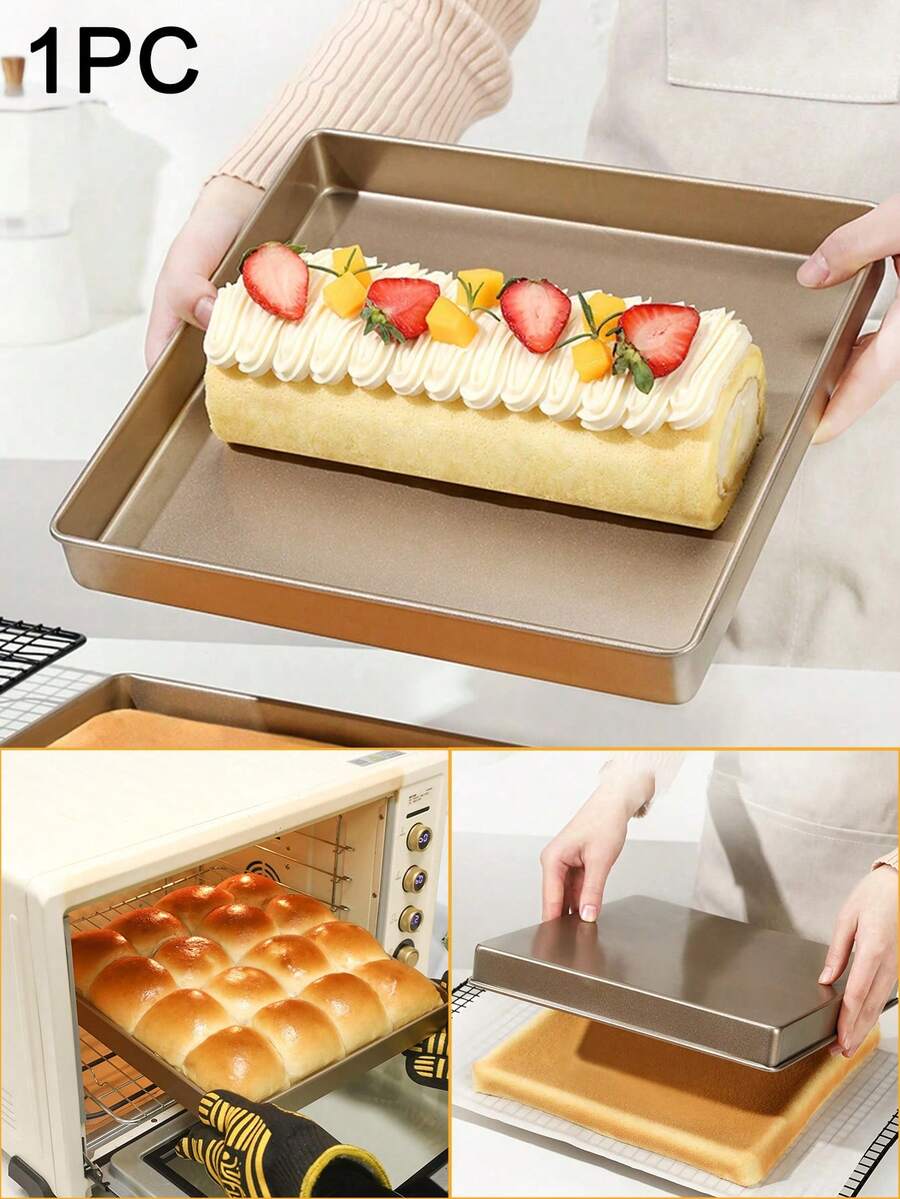 1pc 28x28cm Square Cake Roll Mold, Deep Cake Baking Pan, Non-Stick Square Cake Pan, Thick Carbon Steel Baking Tray,Jelly Roll Baking Mold,Oven Dedicated Swiss Roll Towel Roll For Home Use Snowflake Pastry Tool, Easy Clean,For Baking Chiffon Cake, Peanut Brittle,Swiss Roll, Cookies, Bread, Biscuits, Cooking Lasagna Brownie, And More, Home Kitchen Bakeware For Baking Cakes,Oven, Roasting & Toaster - Gold - View 1