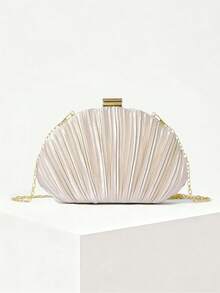 YMI STYLE Élégant sac de soirée minimaliste en satin plissé en forme de coquille, convient pour les soirées de gala, les robes, les mariages, les robes à paillettes. Livré avec une bandoulière en métal. Un cadeau idéal pour elle. - Nude - Voir 2