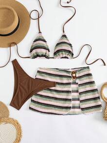 Bộ bikini ba mảnh kẻ sọc dệt kim 3D dành cho nữ – Áo buộc cổ, quần màu nâu và váy che phủ xẻ tà đính hạt, lý tưởng cho kỳ nghỉ hè trên bãi biển. - Nhiều màu - Xem 4