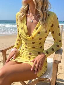 Sultry Sol 女士时尚性感泳衣罩衫，波点印花高领长袖连体泳衣，适合泳池派对和夏季海滩度假 - 黃色 - 查看 1