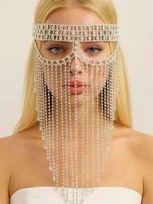 1pc Multi-Layer Tassel Rhinestone Mask, Luxury Party Decoration Accessory For Women,For Summer Costume - Silver - View 3