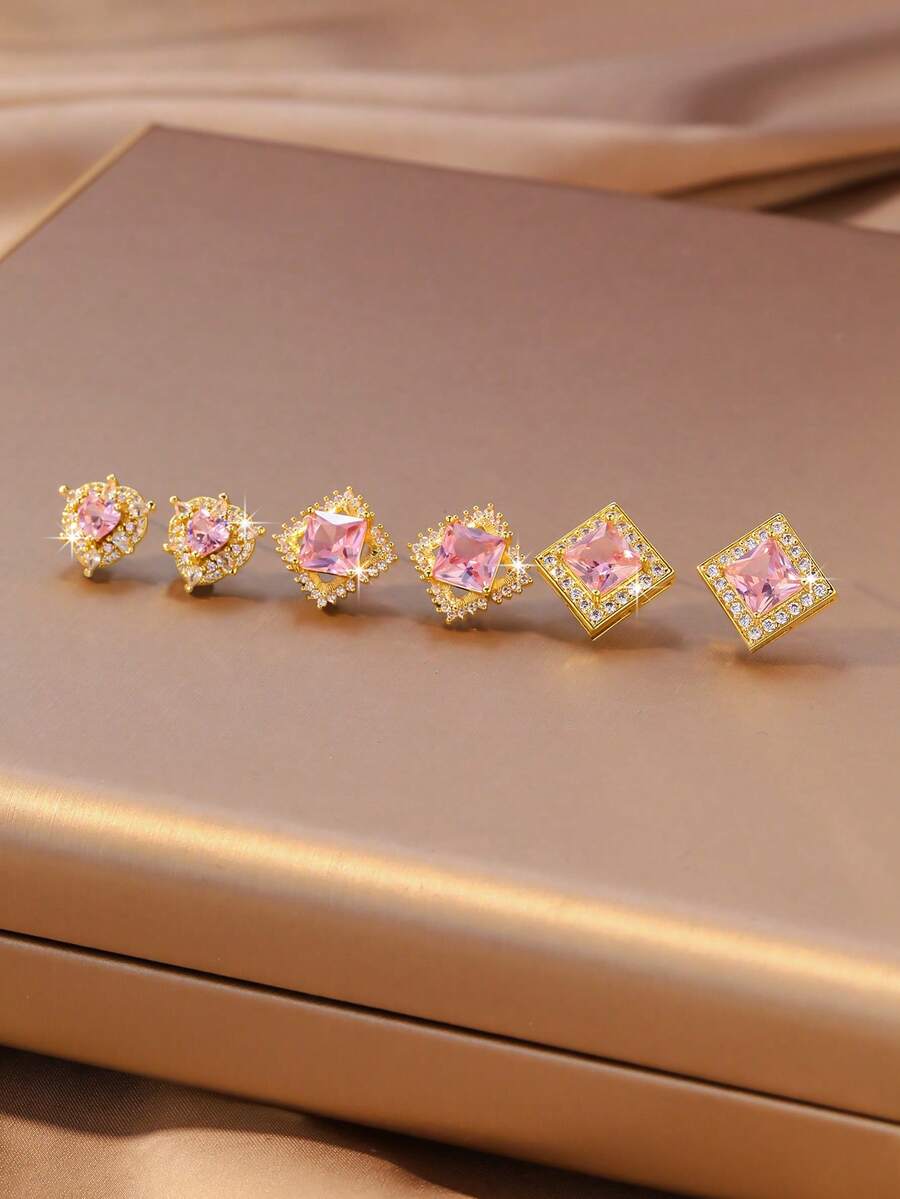 3 đôi bông tai đính đá sang trọng, thiết kế độc đáo hình trái tim và hình vuông, bông tai thanh lịch phù hợp cho công sở. - Nhiều màu - Xem 1