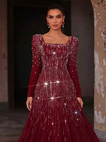 Faeriesty Elegante vestido formal maxi de gasa de lujo para mujer, con escote cuadrado y mangas abullonadas largas, decorado con rhinestones, diseño de bajo acampanado para boda - Burdeos - Ver 4