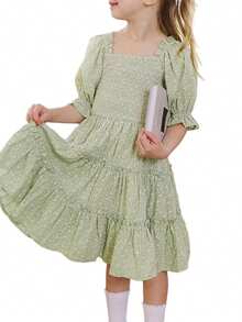Mommy And Me Matching Dresses Short Sleeve Square Neck Print Dress Family Matching Sundress Outfits, Mother Daughter Matching Dresses, Family Matching Outfits - 女童綠色 10-11歲T - 查看 4