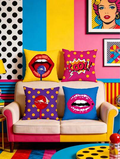 Bộ 4 vỏ gối trang trí họa tiết môi và kẹo mút phong cách Pop Art độc đáo, vỏ gối chấm bi kiểu truyện tranh cá tính, vỏ gối nhiều màu sắc rực rỡ cho ghế sofa, phòng ngủ, phòng ký túc xá.