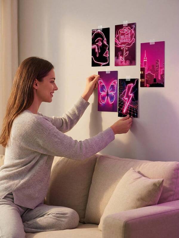 10 Stücke Rosa Neon Wandkunst Set - Retro Cyberpunk Raumdekoration Ästhetische Poster für Teenager Mädchen, Studentenwohnheim Schlafzimmer Wohnzimmer Wanddekoration, coole Y2K Raumdekoration für Jugendliche
