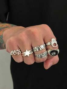 6 piezas Anillos de estrella cruzada con estilo punk, joyería encantadora para hombres, regalo para fiestas - 6 piezas - Ver 12