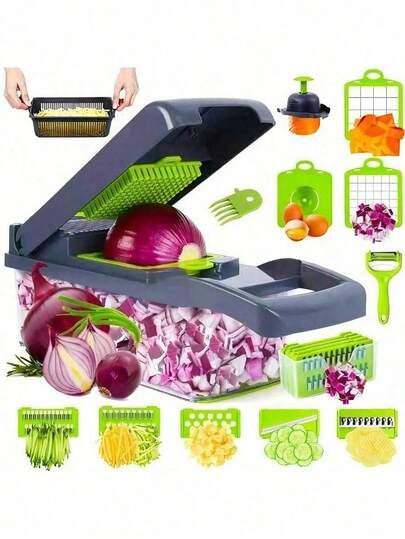 Máy thái rau củ đa năng 16 trong 1 có tay cầm, máy xay thực phẩm, máy thái lát, máy thái hạt lựu, dụng cụ nhà bếp để cắt trái cây, hành tây, cà rốt, khoai tây, kèm hộp đựng, quà tặng Giáng sinh.