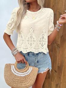 Blusa de mujer primavera/verano de tela unicolor con bordado floral y manga elástica tipo loto - Albaricoque - Ver 7