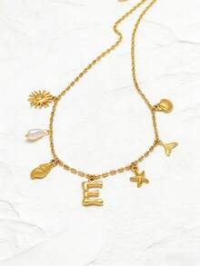 1 chiếc dây chuyền chữ bằng thép không gỉ mạ vàng 18K, kiểu dáng Ins, hình vỏ sò, ốc xà cừ, trang sức nữ, dây chuyền vàng, phong cách Bohemian, quà tặng tinh tế, hình sao biển. - Vàng - Xem 3