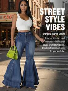 CALEBGAR Y2K Jeans For Women High Waisted Wide Leg, 70s Retro Flared Pants With Pleated Layered Ruffle Hem, Fall Winter Stretch Denim Trousers, Casual Vintage Boho Outfits - 藍色 - 查看 1