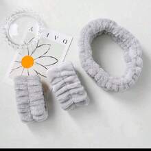 3pcs Set: Plush Absorbent Headband And Wrist Protector, Suitable For Face Washing, Skincare, Bathroom. Colors: Pink, White, Gray. The Wrist Protector Helps Keep The Wrists Dry During Face Washing. - FC64 Headband Set - View 8