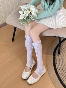 蕾丝蝴蝶结腿套，精致荷叶边饰边，蝴蝶结缎带设计，镂空蕾丝透气显瘦，搭配玛丽珍鞋，瞬间打造甜美学院风，哥特萝莉风，适合日常通勤或约会，温柔又不失个性。 - 彩色 - 查看 8