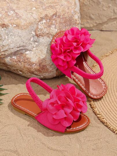 1 par de sandalias infantiles de moda con flores 3D sólidas en color fucsia, cómodas y de suela blanda, con correa elástica antideslizante para bebés y niños pequeños, versátiles para uso en exteriores, playa, fiestas, nuevo lanzamiento para niñas en verano
