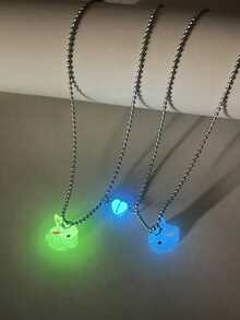 Set de 2 collares de pareja/amistad con cuentas luminosas en forma de corazón y conejo, que brillan en la oscuridad. Joyería de pareja casual adecuada para uso diario y regalo del Día de San Valentín - Multicolor - Ver 3