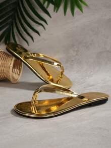 新款春夏女士巧克力棕色人字拖，圆头平底凉鞋，休闲室内/室外拖鞋 - 金色 - 查看 7