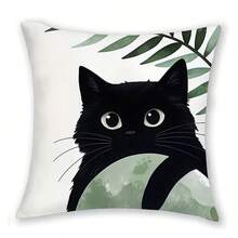 2pcs/Set Of Adorable Black Cat Print Pillow Covers, 45x45cm, Comfortable Polyester Decorative Pillowcases With Bohemian Sage Green Botanical Pattern, Zipper Closure, Single-Sided Printed Cushion Cover, Ideal For Living Room, Patio, Sofa, Home Decor, No Pillow Core - Set C - View 8