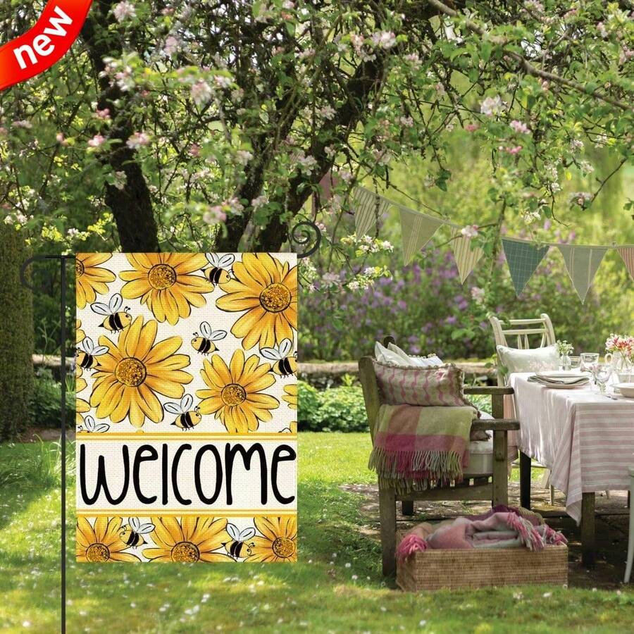Rustic Sunflower Bee Garden Flag Double Sided 12x18 Inch For Farmhouse - Spring Summer Seasonal Welcome Yard Banner With Bumblebees & Flowers, Outdoor Porch Patio Hanging Farm Theme Decor, No Flag Pole Included - Nhiều màu - Xem 1