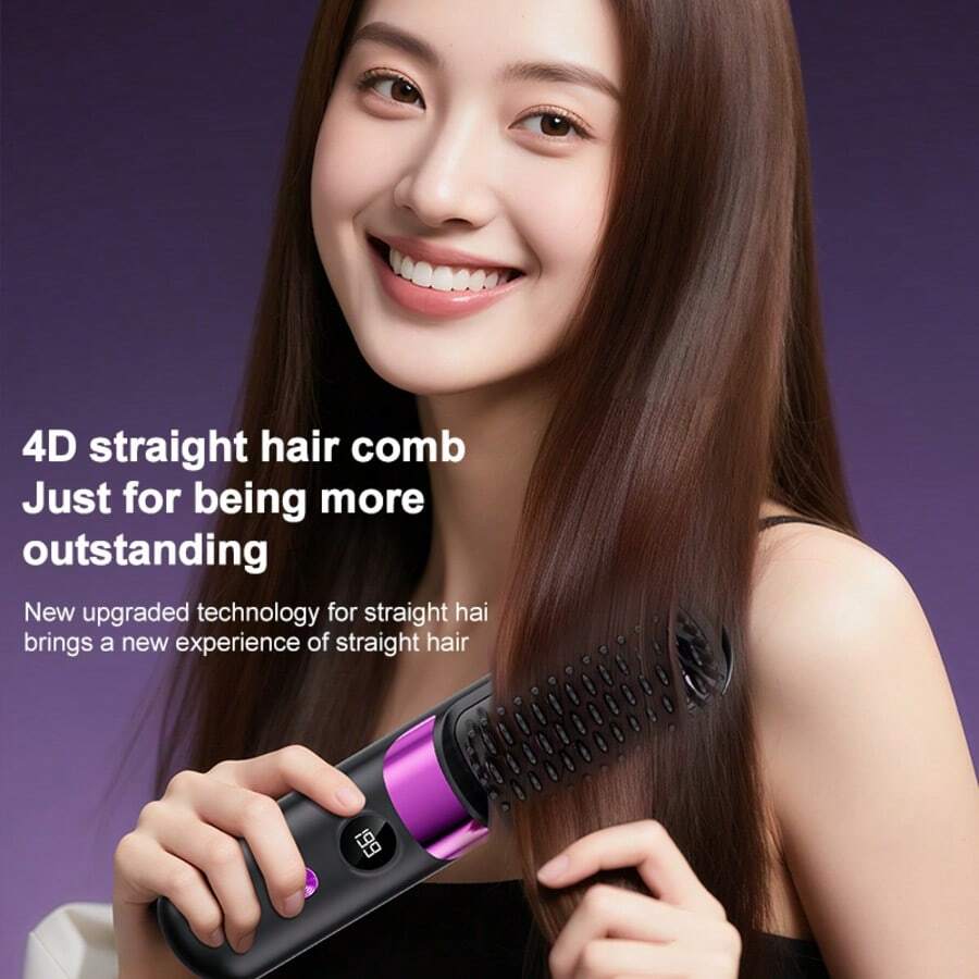 畅销迷你无线直发梳，4档温度设置（140-199°C），3600mAh大容量电池，持久耐用，便携旅行，迷你充电，慵懒造型工具 - 彩色 - 查看 1
