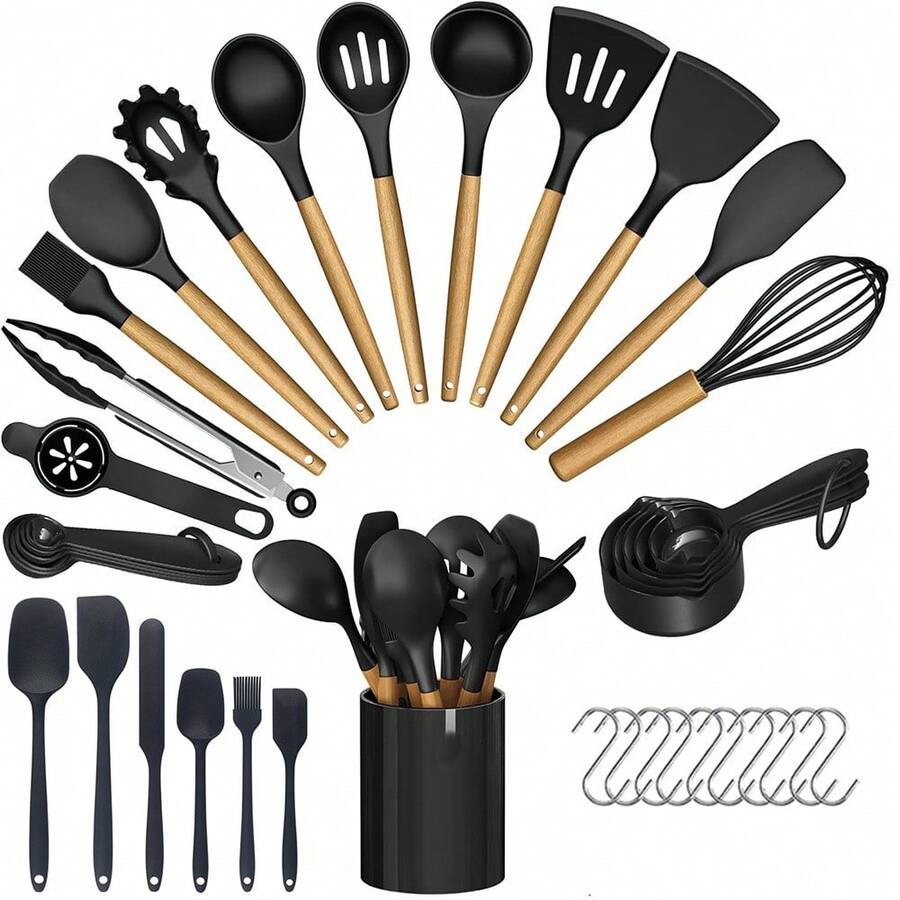 39 piezas Juego de utensilios de cocina de silicona con mango de madera antiadherente, herramientas para hornear y cocinar, cocina y horneado fáciles, suministros de cocina - Multicolor - Ver 1