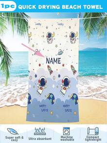 1PC Personalized Space Astronaut Print Beach Towel, Custom Name Quick Drying Soft Towel, Cute Rocket Planet Pattern Towel For Beach, Pool, Vacation, Kids Gift 100% Polyester - Multicolor - View 1