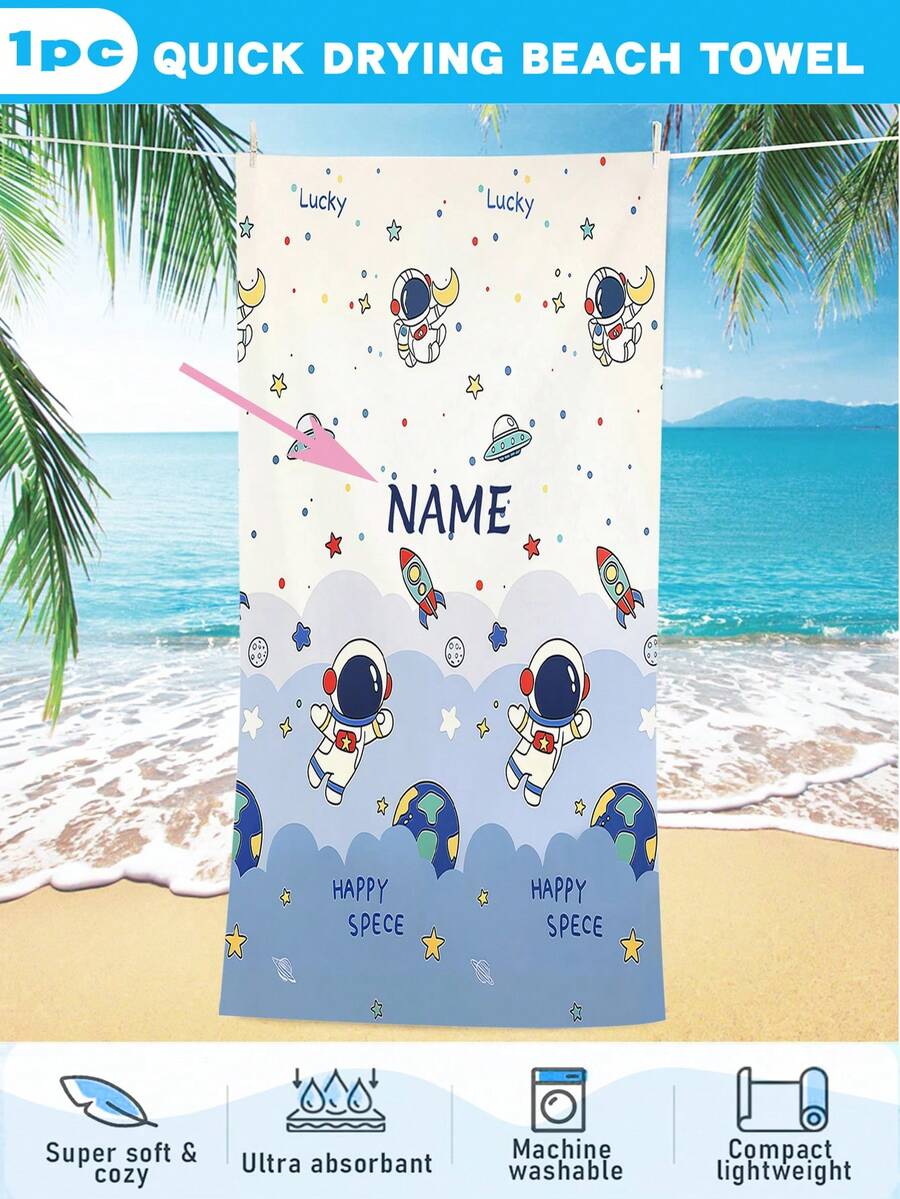 1PC Personalized Space Astronaut Print Beach Towel, Custom Name Quick Drying Soft Towel, Cute Rocket Planet Pattern Towel For Beach, Pool, Vacation, Kids Gift 100% Polyester - Multicolor - View 1