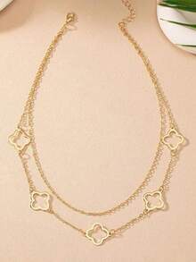 1pc Hollow Four-Leaf Clover Pendant Long Necklace, Vintage Elegant Style For Women, Suitable For Valentine's Day, Mother's Day Gifts - Gold - View 2