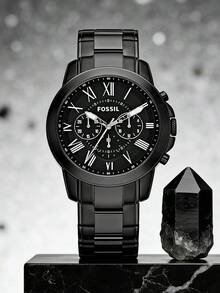 Fossil Grant FS4832 男士黑色表盘计时码表，黑色不锈钢石英表 - 黑色 - 查看 1