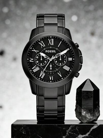 Fossil Grant FS4832 男士黑色表盘计时码表，黑色不锈钢石英表