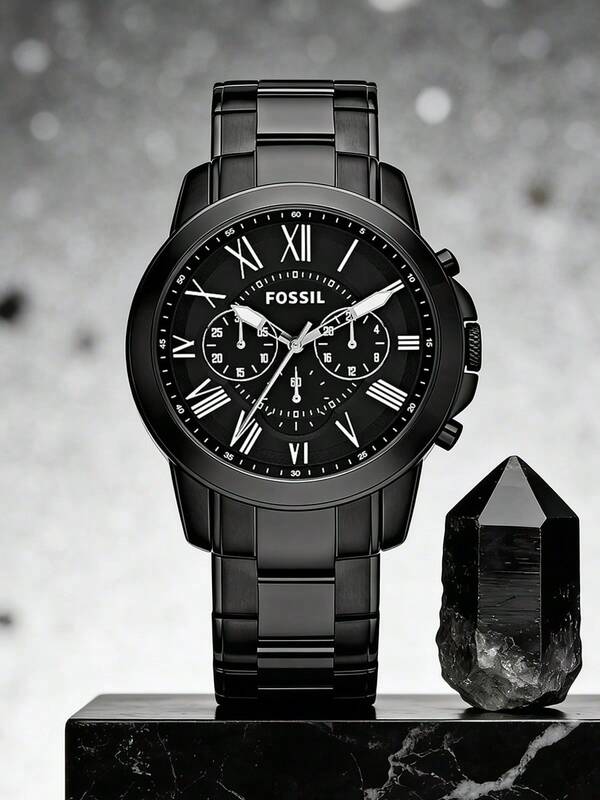 Fossil Grant FS4832 男士黑色表盘计时码表，黑色不锈钢石英表