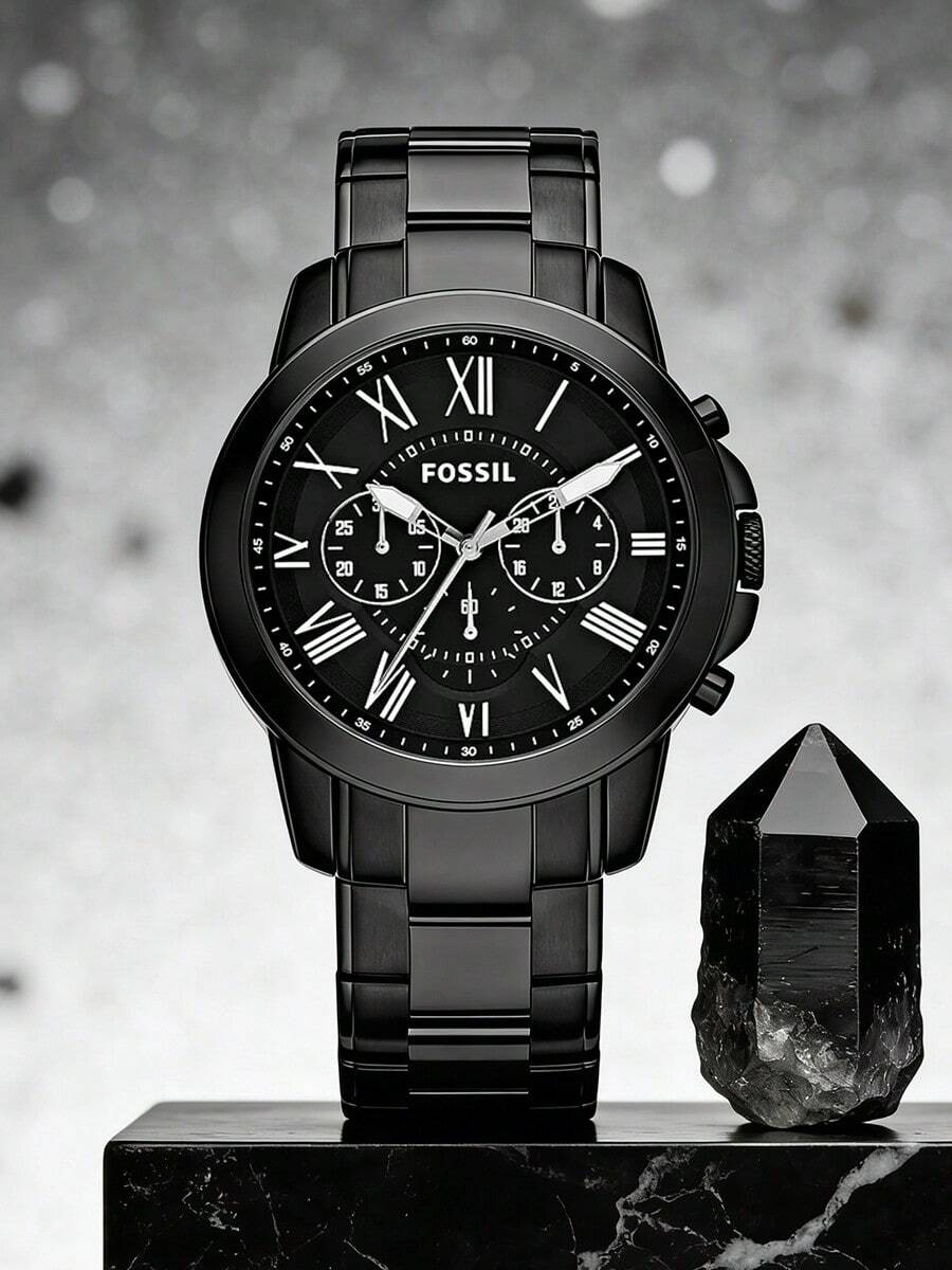 Fossil Grant FS4832 男士黑色表盘计时码表，黑色不锈钢石英表 - 黑色 - 查看 1