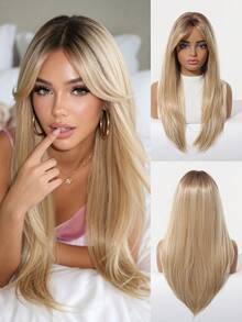 Element Synthetic Fiber Wigs For Women Long Straight Wavy Brown Blonde Wig With Bangs Heat Resistant Fashion Natural Daily Party - Blonde Ombre - View 12