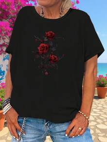 Blusas femininas de verão Plus Size - Tamanhos grandes - Camiseta feminina plus size com estampa de rosas, gola redonda, tamanhos 0XL a 8XL, em algodão. - Preto - Ver 2