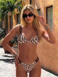 New Leopard Print Ruched Sexy Elegant Beach Vacation Party Bikini Set For Women, Spring/Summer - Multicolor - View 1